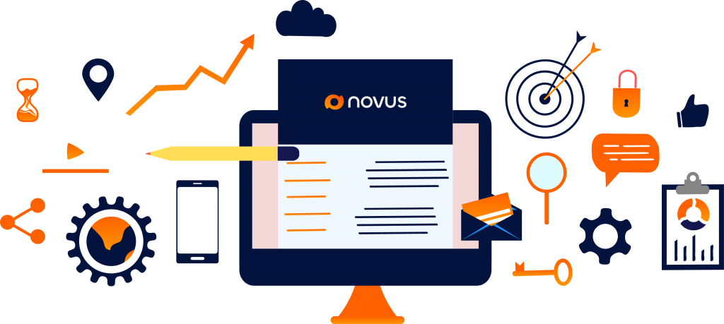 A novus branded computer screen with seo tools surrounding